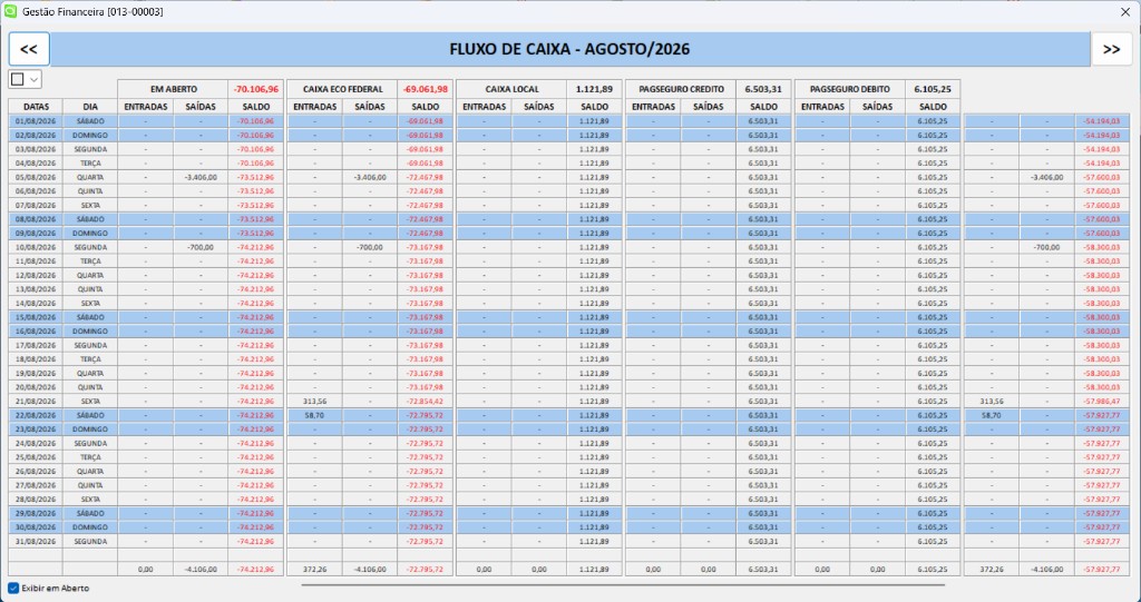Vertex ERP: fluxo de caixa diário com entradas, saídas e saldo por contas